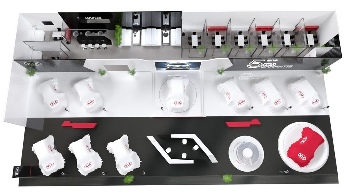 Rendu 3D en vue de dessus : plan du stand Kia, zones d’exposition, podiums et lounge.