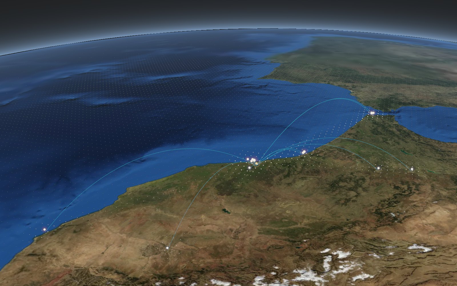 Le Maroc sur le globe, vu en oblique vers l’Atlantique et l’horizon courbe : les lieux de chantier de Tanger à Essaouira, reliés à l’atelier par des arcs en patine.