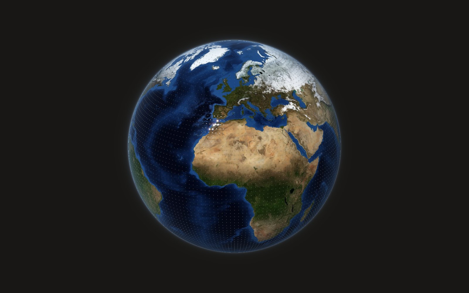 Le globe terrestre en vraies couleurs (image satellite NASA), couvert d’une trame de points, sans frontières dessinées ; au Maroc, les lieux de chantier forment une grappe de lumière.