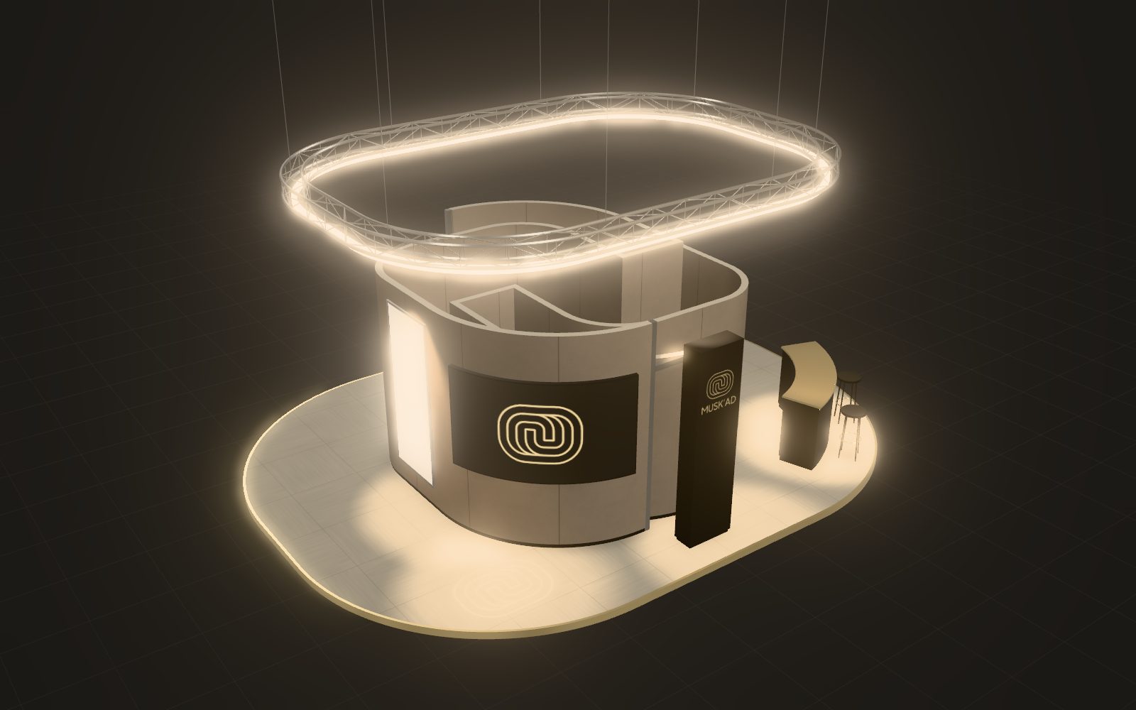 Le même stand, sous le même angle, au jour J : lumière de scène, anneau lumineux, écran LED et caisson allumés.